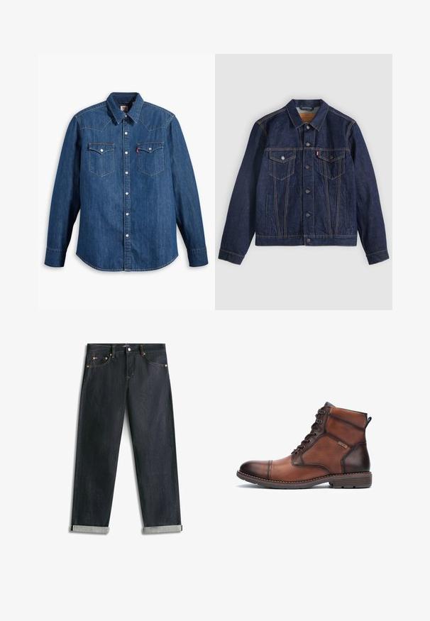 Dunkelblaue Jeansjacke mit Kragen, Knopfleiste, zwei Brusttaschen und Seitentaschen. Kontrastnähte und ein Logoschild auf der linken Tasche.; Dunkelblaue Jeanshemd mit langen Ärmeln, spitzem Kragen und Druckknöpfen. Verfügt über zwei Brusttaschen mit Klappen und kontrastierenden Nähten.; Dunkelblaue Denim-Jeans mit umgeschlagenen Bündchen, fünf Taschen und kontrastierender Naht, flach auf weißem Hintergrund liegend.; Braunleder- und Stoff-Herrenstiefel mit Knöchelhöhe, Schnürung, Nähdetails, flachem Absatz und Markenlogo an der Seite.