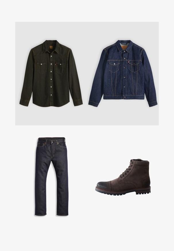 Donkerblauwe spijkerjack met kraag, knoopsluiting aan de voorkant, twee borstzakken en zijzakken. Contrasterende stiksels en logo-tab op de linkerzak.; Zwart denim overhemd met lange mouwen, puntige kraag, twee borstzakken, zilveren knopen en gele stiksels. Klassiek westers ontwerp.; Donkerblauwe denim jeans met rechte snit, vijf zakken, metalen hardware en contrasterende oranje stiksels. Glad oppervlak, geen zichtbare patronen.; Donkerbruine suède veterlaars tot aan de enkel met verstevigde zwarte neuskap en robuuste rubberen zool.
