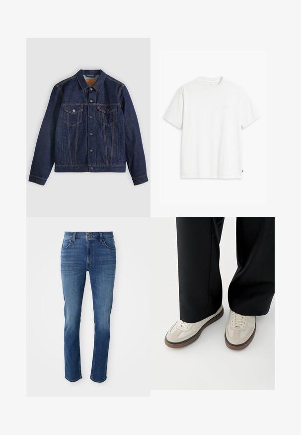 Veste en denim bleu foncé avec col, boutons sur le devant, deux poches poitrine et poches latérales. Couture contrastée et logo en forme d'onglet sur la poche gauche.; T-shirt en coton blanc à manches courtes, col rond, avec un logo "Levi's" discret imprimé en couleur claire sur le devant.; Jean en denim bleu avec une coupe droite, cinq poches et une fermeture éclair. Présente une décoloration subtile et des coutures contrastantes le long des coutures.; Pieds portant des baskets beige avec des semelles marron et un pantalon noir à jambes larges sur fond blanc.