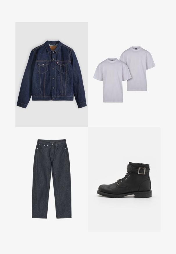 Dunkelblaue Jeansjacke mit Kragen, Knopfleiste, zwei Brusttaschen und Seitentaschen. Kontrastnähte und ein Logoschild auf der linken Tasche.; Zwei weiße Baumwoll-T-Shirts mit kurzen Ärmeln, Rundhalsausschnitt und geradem Schnitt. Einfaches Design, keine Muster oder sichtbaren Marken.; Dunkelblaue Jeans mit geradem Bein, Fünf-Taschen-Design und Knopfverschluss am Bund, flach auf weißem Hintergrund dargestellt.; Schwarze Leder-Ankle-Boots mit schnürbarem Design, Metallbeschlägen und einem seitlichen Riemen mit Schnallendetail. Robuste Sohle und glatte Textur.
