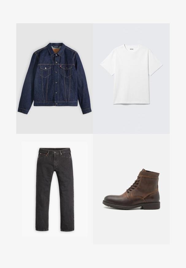 Dunkelblaue Jeansjacke mit Kragen, Knopfleiste, zwei Brusttaschen und Seitentaschen. Kontrastnähte und ein Logoschild auf der linken Tasche.; Weißes T-Shirt mit kurzen Ärmeln und Rundhalsausschnitt, flach liegend, schlichtes Design, mit „WEEKDAY“-Etikett innen im Kragen auf hellem Hintergrund.; Schwarze gerade geschnittene Jeans aus Denim mit fünf Taschen, Knopfverschluss und Kupfernieten auf einem weißen Hintergrund flach ausgelegt.; Jack & Jones JFWDELANEY BOOT - Schnürstiefelette - cognac
