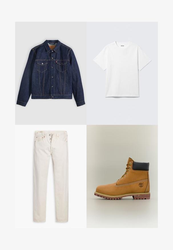 Donkerblauwe spijkerjack met kraag, knoopsluiting aan de voorkant, twee borstzakken en zijzakken. Contrasterende stiksels en logo-tab op de linkerzak.; Witte T-shirt met korte mouwen en ronde hals, plat gelegd, effen ontwerp, met een "WEEKDAY" label in de kraag op een lichte achtergrond.; Oudwitte high-rise slim-fit jeans met knoopsluiting, vijf zakken en koperen klinknagels, plat gelegd op een witte achtergrond.; Bruine leren enkellaars met zwarte kraag, gele veters en een zandkleurige zool. Voorzien van een logo en witte stikseldetails. Robuuste loopzool met grip.