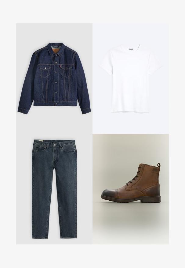 Dunkelblaue Jeansjacke mit Kragen, Knopfleiste, zwei Brusttaschen und Seitentaschen. Kontrastnähte und ein Logoschild auf der linken Tasche.; Schlichtes weißes T-Shirt mit kurzen Ärmeln und Rundhalsausschnitt mit gut sichtbarem WEEKDAY-Label am Kragen, dargestellt auf hellem Hintergrund.; Dunkelblaue Denim-Jeans mit geradem Bein, fünf Taschen und einem Knopfverschluss. Subtile Ausbleichungen verleihen dem Stoff Textur.; Brauner Leder-Schnürstiefel bis zum Knöchel mit schwarzer Zehenkappe, runder Sohle und Markenlabel an der Seite vor schlichtem Hintergrund.