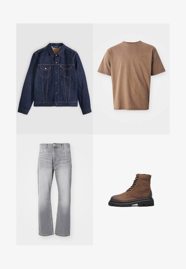 Veste en denim bleu foncé avec col, boutons sur le devant, deux poches poitrine et poches latérales. Couture contrastée et logo en forme d'onglet sur la poche gauche.; T-shirt en coton marron avec un col rond, des manches courtes et un logo brodé discret sur le côté gauche de la poitrine. Texture lisse, coupe décontractée.; Jeans en denim gris avec une coupe droite, une légère décoloration et un style classique à cinq poches. Dotés d'une fermeture à bouton et à zip.; Botte chelsea en cuir brun avec un bout arrondi, des lacets à l'avant, des œillets en métal et une semelle en caoutchouc noir épaisse avec un motif de traction.