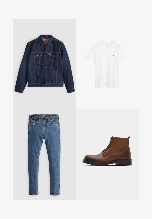 Donkerblauwe spijkerjack met kraag, knoopsluiting aan de voorkant, twee borstzakken en zijzakken. Contrasterende stiksels en logo-tab op de linkerzak.; Witte katoenen t-shirt met een ronde halslijn, korte mouwen en een klein rood Levi's-logo op de linkerkant van de borst. Soepele textuur, standaard pasvorm.; Blauwe denim jeans met een rechte snit, vijf zakken, oranje stiksels en een klassieke knoop- en ritssluiting. Versleten textuur langs de benen.; Bruine leren enkellaarzen met ronde neus, zwarte veters en gestructureerde rubberen zool. Kenmerken logo-detail aan de zijkant en een gladde afwerking.