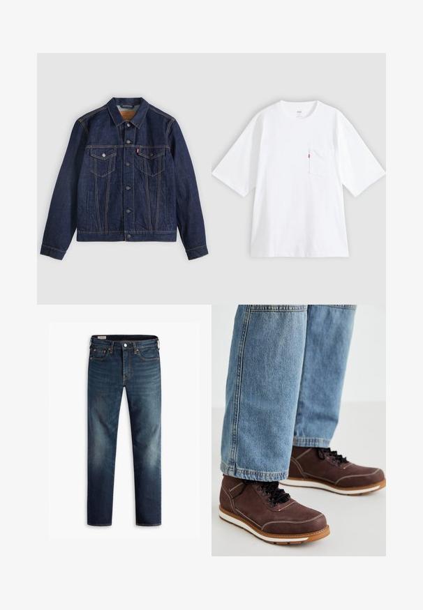 Dunkelblaue Jeansjacke mit Kragen, Knopfleiste, zwei Brusttaschen und Seitentaschen. Kontrastnähte und ein Logoschild auf der linken Tasche.; Weißes Baumwoll-T-Shirt mit kurzen Ärmeln, rundem Ausschnitt und Brusttasche auf der linken Seite. Mit kleinem rotem Logotag an der Tasche.; Dunkelblaue Jeans mit geradem Bein, fünf Taschen und Kupferbeschlägen. Ausgebleichte Stellen an den Beinen sorgen für einen Texturkontrast.; Braune Lederschuhe mit schwarzen Schnürsenkeln, weißer Naht und gummierter Sohle. Kombiniert mit hellblauen Denim-Jeans in leicht lockerer Passform.