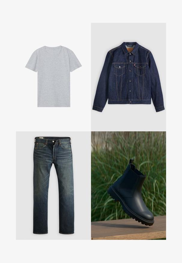 Veste en denim bleu foncé avec col, boutons sur le devant, deux poches poitrine et poches latérales. Couture contrastée et logo en forme d'onglet sur la poche gauche.; T-shirt gris à manches courtes en mélange de coton doux, avec un col rond classique et une texture lisse et légère.; Jean en denim bleu foncé avec une coupe droite, cinq poches et des rivets en cuivre. Le tissu a une finition légèrement délavée, mettant en valeur la texture et le grain.; Bottine en cuir noir avec tirant et panneaux latéraux élastiques flottant au-dessus d'une surface en bois, herbe verte floue en arrière-plan.