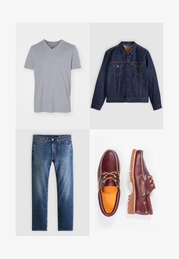 Veste en denim bleu foncé avec col, boutons sur le devant, deux poches poitrine et poches latérales. Couture contrastée et logo en forme d'onglet sur la poche gauche.; T-shirt en coton gris avec un col en V, des manches courtes et une coupe décontractée. Tissu doux et léger sans motifs ni embellissements visibles.; Jean en denim bleu à jambes droites, style cinq poches, fermeture par bouton et fermeture éclair, avec un léger délavage sur les zones avant des cuisses.; Chaussures en cuir bourgogne avec semelles en caoutchouc marron, bout rond, couture blanche et œillets dorés. L'intérieur présente une doublure jaune.