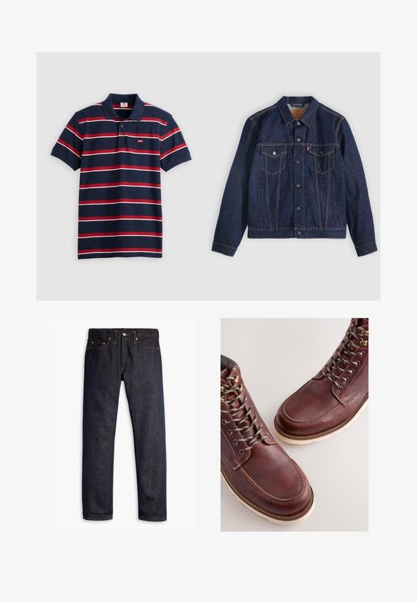 Mørkeblå denimjakke med krave, knaplukning foran, to brystlommer og sidelommer. Kontrastsyninger og fanebladslogo på venstre lomme.; Marineblå polo-shirt med røde og hvide vandrette striber, tre-knaps placket og lille Levi's logo på brystet. Blødt bomuldsstof.; Mørkeblå denimjeans med lige pasform, fem-lomme design, kobbernitter, gul syning og et markant struktureret stof.; Brune læderstøvler med en glat finish, med metal-øjer, grå snørebånd og en cremefarvet gummisål. Syning langs kanterne som detalje.