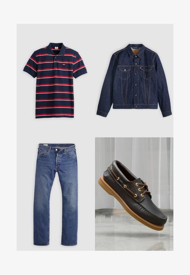 Dunkelblaue Jeansjacke mit Kragen, Knopfleiste, zwei Brusttaschen und Seitentaschen. Kontrastnähte und ein Logoschild auf der linken Tasche.; Navyblaues Poloshirt mit rot-weißen horizontalen Streifen, drei Knöpfen am Kragen und kleinem Levi's-Logo auf der Brust. Aus weichem Baumwollmaterial.; Blaue Denim-Jeans mit geradem Bein, klassischem Fünf-Taschen-Design und Knopfleiste auf einfarbigem Hintergrund.; Braune Lederbootschuhe mit einem gepolsterten Design, gelben Ösen, braunen Schnürsenkeln und einer sandfarbenen Gummisohle; mit aufwendigen Ziernähte.