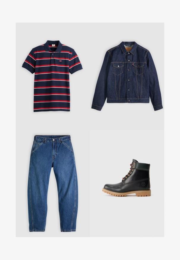 Mørkeblå denimjakke med krave, knaplukning foran, to brystlommer og sidelommer. Kontrastsyninger og fanebladslogo på venstre lomme.; Marineblå polo-shirt med røde og hvide vandrette striber, tre-knaps placket og lille Levi's logo på brystet. Blødt bomuldsstof.; Blå denimjeans med afslappet pasform, med knaplukning, fem lommer og kontrasterende orange syninger. Glat tekstur over det hele.; Sort læder ankelstøvle med brune snørebånd, polstret grøn krave og tan gummisål med dybe riller, set fra siden på hvid baggrund.