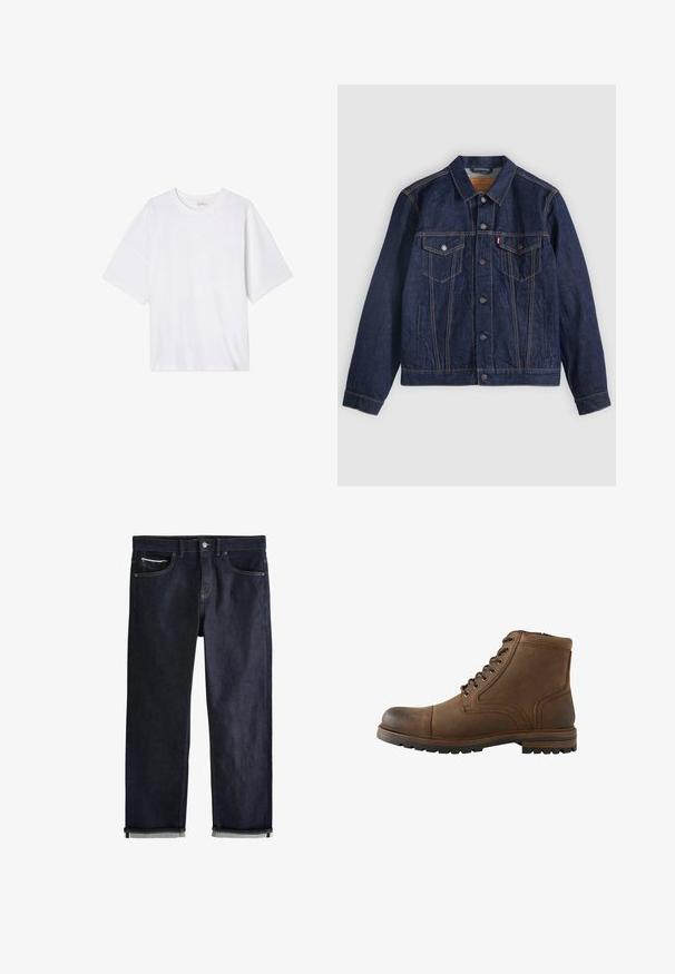 Chaqueta de mezclilla azul oscuro con cuello, botones en la parte delantera, dos bolsillos en el pecho y bolsillos laterales. Costuras en contraste y etiqueta con logotipo en el bolsillo izquierdo.; Camiseta blanca de manga corta hecha de tejido suave. Presenta un escote redondo y un corte relajado con un dobladillo recto. Sin patrones ni hardware.; Vaqueros de mezclilla azul oscuro con puños doblados, cierre de botón y cremallera, bolsillos delanteros y para monedas, y costuras en contraste sobre un fondo blanco.; Bota de cuero marrón hasta el tobillo con cordones delanteros y suela rugosa, diseñada para uso casual o al aire libre.