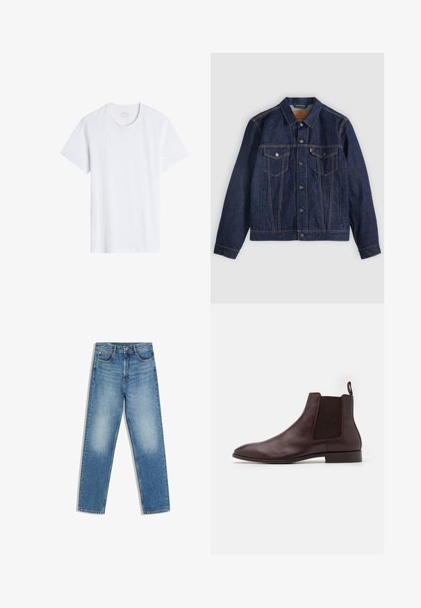Dunkelblaue Jeansjacke mit Kragen, Knopfleiste, zwei Brusttaschen und Seitentaschen. Kontrastnähte und ein Logoschild auf der linken Tasche.; Weißes T-Shirt mit kurzen Ärmeln und rundem Halsausschnitt. Hergestellt aus glattem Baumwollgewebe, bietet es eine lockere Passform und minimale Nähte.; Blaue Denim-Jeans mit hoher Taille, frontaler Knopfleiste und Reißverschluss, zwei Vordertaschen und ausgebleichten Stellen an den Oberschenkeln und Knien.; Zign LEATHER - Stiefelette - brown