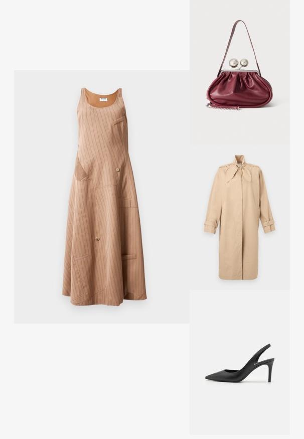 Beige lang trenchcoat med høj krave med bindebånd, knapbesatte skulderstropper og justerbare spænder på ærmerne.; Brun stribet kjole med en afslappet pasform, der har en scoop-udskæring, sidelommer og knapdetaljer. Fremstillet af et blødt stof.; Sorte læder slingback høje hæle med spids tå-design, der har en udskæring fortil og en tynd stiletto-hæl.; Lille bordeaux læderhåndtaske med rynkede detaljer, en tynd rem og en sølvspænde med to store runde knopper.