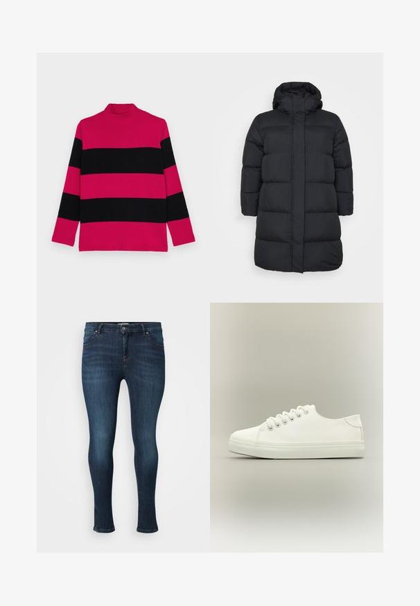 Sort dunjakke med høj krave, der har et quiltet design, lange ærmer og en lige skæring. Glat, skinnende overflade.; Lilla og sort stribet turtleneck sweater med lange ærmer, ribbet tekstur og tætsiddende krave.; Mørkeblå skinny jeans med frontknap, lynlås, fem lommer og let falmning på lår og knæ mod en hvid baggrund.; Hvid lavtop sneaker med hvide snørebånd og gummisål vist fra siden på en neutral baggrund.