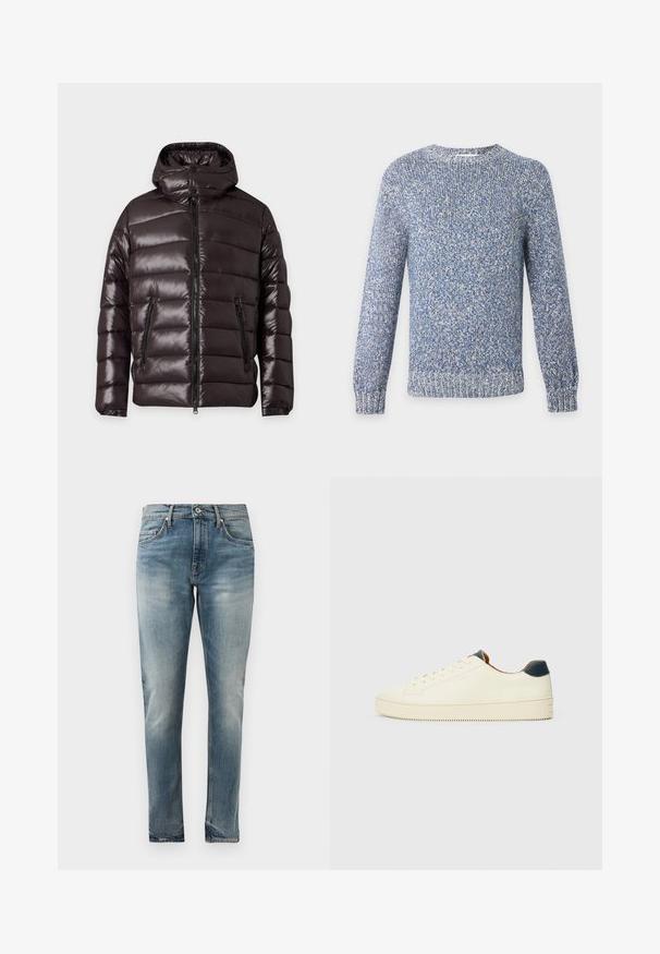 Zwarte glanzende gewatteerde winterjas met ritssluiting aan de voorkant, twee ritssluitingzakken, een hoge kraag en een aangehechte capuchon.; Blauw-wit gemêleerde gebreide trui met ronde hals, lange mouwen en geribde boorden en zoom.; Slim-fit blauwe denim jeans met een vervaagde wasbeurt, vijf-pocket stijl, knoopsluiting en subtiele slijtage op de heupen en knieën.; Witte leren sneaker met een gestructureerde oppervlakte, ronde neus en een marineblauwe hielaccent. Bevat zijnaadstiksels en een gestructureerde zool.