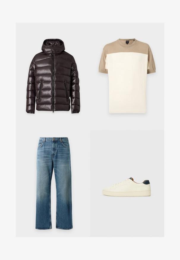 Sort skinnende polstret vinterjakke med lynlås foran, to lynlåslommer, en høj krave og en vedhæftet hætte.; Kortærmet sweater med rund hals i beige øverste sektion og ærmer samt et bredt off-white område nederst, vist på ensfarvet baggrund.; Lysblå brede jeans med en falmet vask, prydet med enkeltknaplukning, fem lommer og kontrastsyede detaljer.; Hvide lædersneakers med en tekstureret overflade, afrundet tå og en marineblå hælaccent. Har side-syninger og en tekstureret sål.