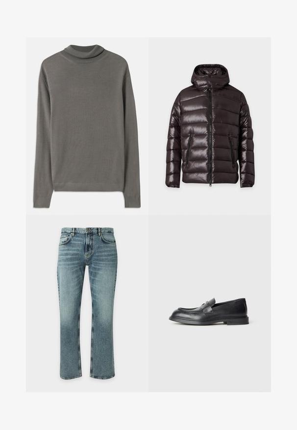 Chaqueta de invierno acolchada negra y brillante con cremallera frontal, dos bolsillos con cremallera, cuello alto y capucha incorporada.; Suéter de cuello alto gris hecho de una tela suave y ligera. Presenta mangas largas y un cuello acanalado con una textura suave en toda su superficie.; Vaqueros de denim azul con un lavado ligeramente desteñido, estilo clásico de cinco bolsillos, cierre de botones y corte recto en la pierna sobre un fondo liso.; Mocasines de cuero negro con acabado texturizado, que cuentan con una correa decorativa en la parte delantera y punta redondeada. Suela de goma para mayor durabilidad.