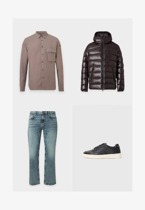 Veste d'hiver noire brillante matelassée avec fermeture éclair devant, deux poches zippées, un col montant et une capuche attachée.; Chemise marron à manches longues avec boutons, col pointu, grande poche à rabat sur la poitrine gauche et petit logo sur la manche droite.; Jean en denim bleu avec un lavage légèrement délavé, style classique à cinq poches, fermeture par boutons et coupe droite sur un fond uni.; Baskets en cuir noir avec finition texturée, bout rond et semelle plate en caoutchouc blanc. Présentent des lacets noirs et un logo sur le talon.
