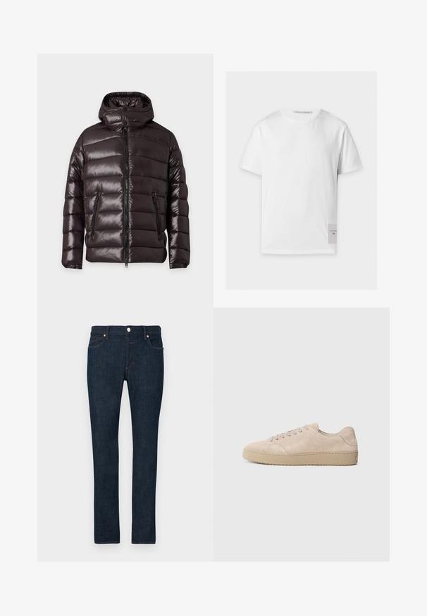 Veste d'hiver noire brillante matelassée avec fermeture éclair devant, deux poches zippées, un col montant et une capuche attachée.; T-shirt blanc uni à manches courtes avec un col rond et une petite étiquette rectangulaire portant le texte de la marque près de l'ourlet inférieur du côté droit.; Jean denim bleu foncé avec une coupe slim, doté d'un design classique à cinq poches, de rivets en cuivre et d'une fermeture à bouton à la taille.; Baskets en daim beige avec un bout rond, des lacets plats et une semelle en caoutchouc texturé. Design minimaliste avec des bords lisses et des coutures discrètes.