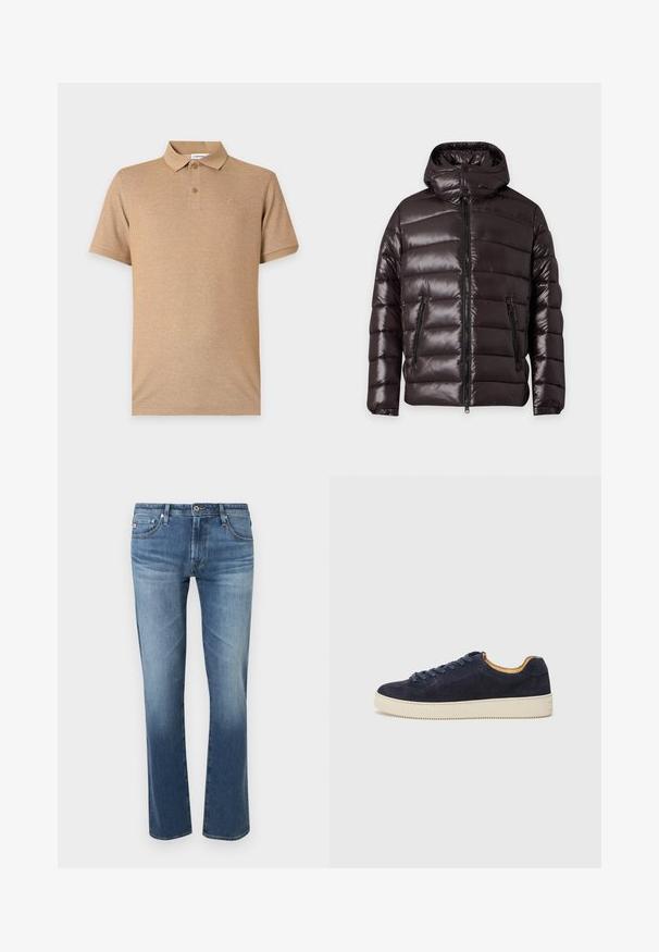 Veste d'hiver noire brillante matelassée avec fermeture éclair devant, deux poches zippées, un col montant et une capuche attachée.; Polo beige à manches courtes avec deux boutons et un logo brodé discret sur la poitrine gauche, présenté sur un fond uni.; Jean bleu délavé pour homme, coupe droite, avec fermeture à boutons et zip à l'avant, poches avant et arrière, présenté sur fond blanc.; Baskets basses en suede bleu marine avec bout arrondi, semelle en caoutchouc blanc cassé et lacets assortis ; dotées d'une doublure intérieure contrastante couleur tan.