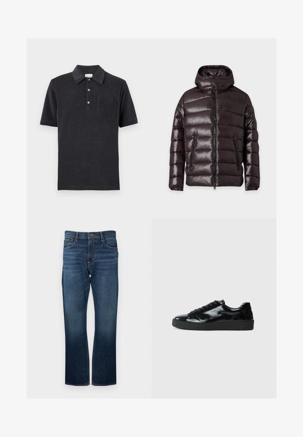 Veste d'hiver noire brillante matelassée avec fermeture éclair devant, deux poches zippées, un col montant et une capuche attachée.; Polo noir à manches courtes avec trois boutons blancs et une poche poitrine, posé à plat sur un fond neutre.; Jean en denim bleu foncé avec une coupe droite, présentant des coutures visibles et une ceinture standard avec une fermeture à bouton en métal.; Baskets en cuir verni noir avec un bout arrondi, un laçage, une semelle en caoutchouc texturé et une finition lisse.