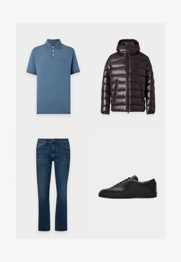 Veste d'hiver noire brillante matelassée avec fermeture éclair devant, deux poches zippées, un col montant et une capuche attachée.; Polo bleu à manches courtes avec trois boutons blancs et logo brodé discret sur la poitrine, présenté sur un fond neutre.; Jean en denim bleu foncé à jambes droites avec poches avant, passants pour ceinture, fermeture à bouton et légère décoloration sur les cuisses et les genoux.; Baskets basses en cuir noir avec lacets sur le devant et semelle en caoutchouc plate, vues de côté sur un fond blanc uni.