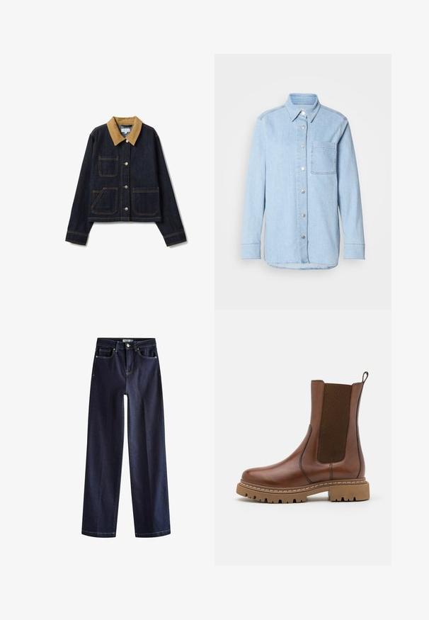 Jeansjacke mit einem beigen Cord-Kragen, vier Fronttaschen, dunkelblauem Stoff und sichtbaren Nahtdetails. Vorderseite mit Knopfleiste.; Himmelblaues Denim-Hemd mit Knopfverschluss, spitzem Kragen, einer Brusttasche und langen Ärmeln mit knöpfbaren Manschetten.; Next Jeans Straight Leg - rinse blue; Braune Leder-Ankle-Boots mit elastischen Einsätzen und einem Ziehschlaufe. Sie verfügen über eine robuste Gummisohle und sichtbare Nahtdetails entlang der Kanten.
