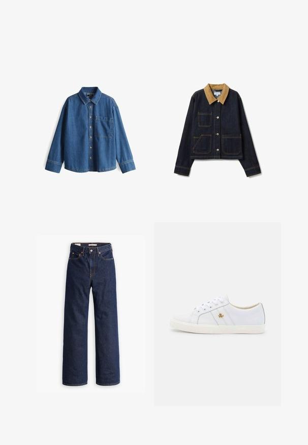 Jeansjacke mit einem beigen Cord-Kragen, vier Fronttaschen, dunkelblauem Stoff und sichtbaren Nahtdetails. Vorderseite mit Knopfleiste.; Jeanshemd, hellblau, langärmlig, Knopfleiste vorne, Kragen, eine Brusttasche, kontrastierende Nähte und ein lässiger Schnitt.; Dunkelblaue gerade geschnittene Denim-Jeans mit fünf Taschen, orangefarbenen Nähten und einem Knopfverschluss.; Lauren Ralph Lauren JANSON II ACTION LEATHER SNEAKER - Sneaker low - real white