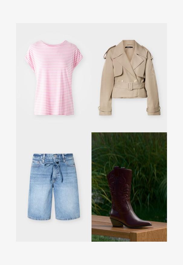 Beige cropped trenchcoat met brede revers, dubbele rij knopen, ceintuur in de taille, schouderepauletten en met knopen afgewerkte mouwboorden.; Lichtroze gestreept t-shirt met korte mouwen en een ronde hals. Zachte stof, relaxte pasvorm, met gelijkmatige horizontale strepen in verschillende breedtes.; Middenblauwe denimshorts met een hoge taille, knoop aan de voorkant, vijf zakken en een gebonden stoffen riem in de taille.; Donkerbruine leren cowboylaars met geborduurde patronen, lage schuine hak en aantreklapjes, geplaatst op een houten bank met groene planten op de achtergrond.