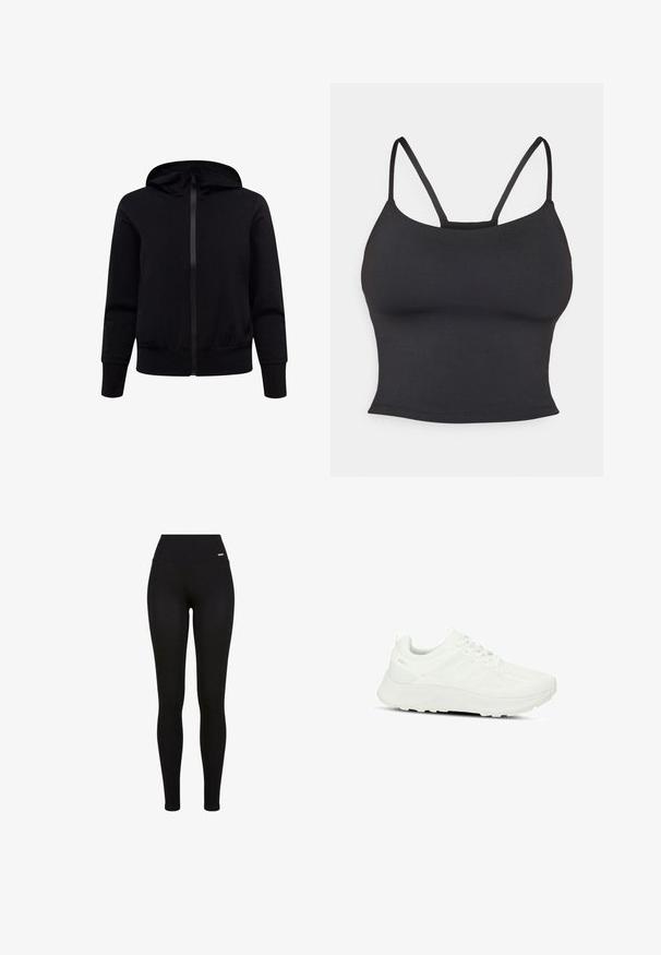Sort zip-up hættetrøje med hætte, ribbede manchetter og kant. Glat stoftekstur og minimalistisk design uden synlige mønstre eller logoer.; Sort tætsiddende camisole lavet af glat stof, med tynde stropper og rund halsudskæring, uden yderligere mønstre eller accenter.; Sorte leggins med høj talje, strækbart stof, glat tekstur og en tætsiddende pasform, der er velegnet til casual eller atletisk brug.; Hvide atletiske sko med en tekstureret overdel og mesh-paneler, snørebåndsdesign, polstret sål og diskret logo på hælen.