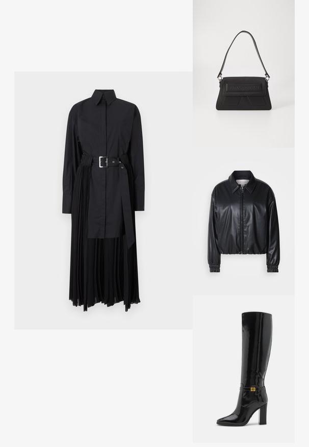 Zwarte cropped jacket van faux leer met een ritssluiting aan de voorkant, puntige kraag en elastische manchetten. Bevat minimale branding op de borst.; Zwarte overhemdjurk met een kraag, lange mouwen, een ceintuur in de taille, met een geplooid onderste gedeelte en een glad bovenpaneel.; Zwarte laarzen van patentenleer tot aan de knie met een puntige neus, gouden hardware accenten en een chunky hak. Glad, glanzend oppervlak met minimale details.; Zwarte handtas met een gestructureerd oppervlak, een omslag flap met reliëflogo en een smalle schouderriem. Rechthoekige vorm met hoekige accenten.