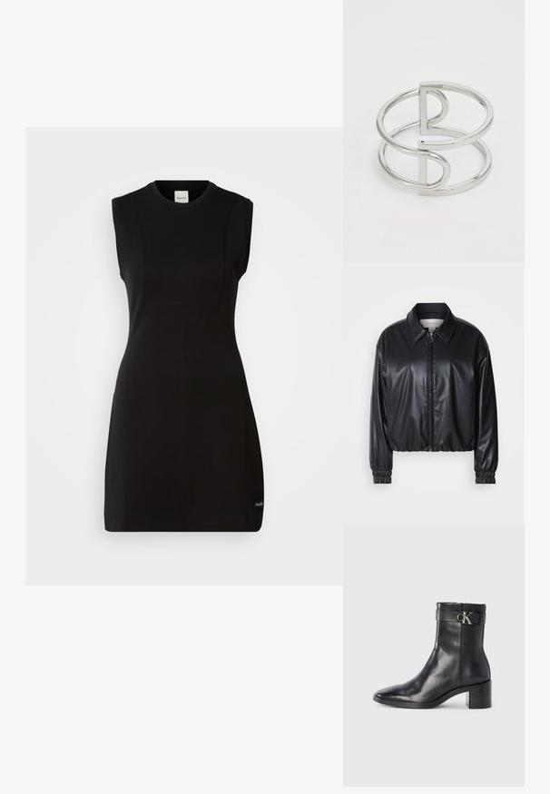 Sort cropped jakke i faux læder med lynlås foran, spidse kraver og elastiske håndled. Minimal brandings på brystet.; Erm løse sorte Calvin Klein kjole med tætsiddende pasform, rund halsudskæring og diskret sømdetaljering på en hvid baggrund.; Sort læder ankelstøvle med spids tå, blokhæl og en rem med en metallisk logo detalje. Glat tekstur og minimalistisk design.; Sølv metal armbånd med en dobbeltloopdesign, der har en glat, blank overflade og en minimalistisk geometrisk accent.
