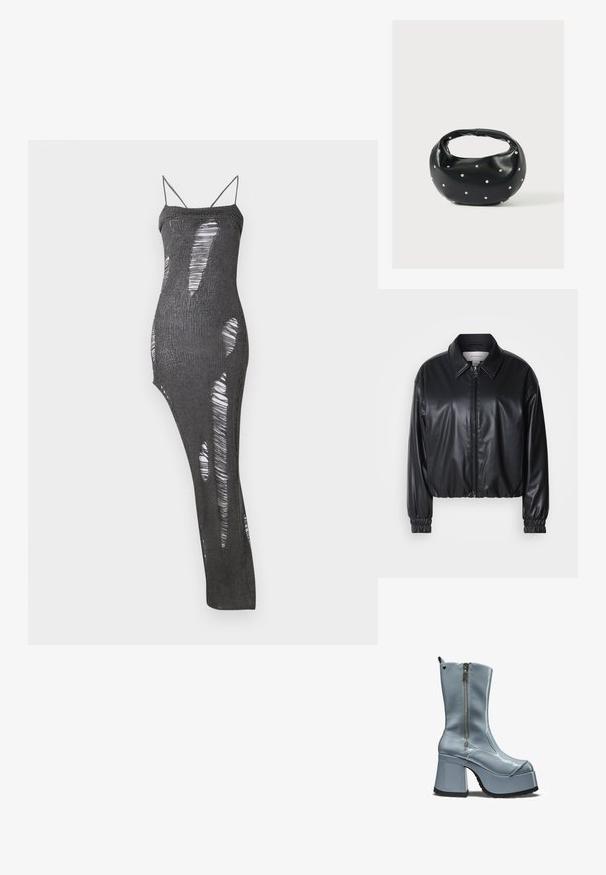 Μαύρο cropped μπουφάν από τεχνητό δέρμα με φερμουάρ μπροστά, μυτερό γιακά και ελαστικούς καρπούς. Διαθέτει ελάχιστη επωνυμία στο στήθος.; Μαύρο πλεκτό μακρύ φόρεμα με λεπτές τιράντες, που διαθέτει αρκετές περικοπές δημιουργώντας ένα καναλισμένο σχέδιο. Μαλακή υφή με εφαρμοστή σιλουέτα.; Μπλε λουστρίνι μποτάκι πλατφόρμα με χοντρό τακούνι, πλαϊνό φερμουάρ και μικρή καρδιά σε σχήμα κοψίματος κοντά στο πάνω μέρος.; Μαύρη δερμάτινη τσάντα χειρός με στρογγυλεμένο σχήμα, διακοσμημένη με ασημένιες λεπτομέρειες με καρφιά και κοντή λαβή. Λείο υλικό και κλείσιμο με φερμουάρ.