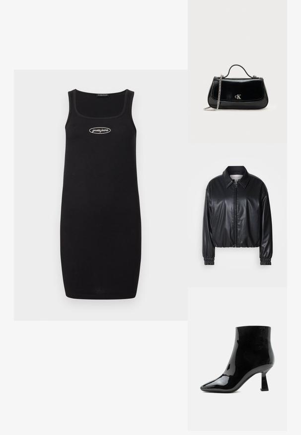 Schwarze, taillierte Jacke aus Kunstleder mit einem Reißverschluss vorn, spitzem Kragen und elastischen Bündchen. Verfügt über eine minimale Markenkennzeichnung auf der Brust.; Schwarzes, geripptes Tankkleid mit einem quadratischen Ausschnitt, auf dem die weiße "guess jeans"-Logoschrift zentral auf der Brust prangt. Einfaches und tailliertes Design.; Schwarzer glänzender Lackleder-Stiefelette mit spitzer Zehenpartie und ausgestelltem mittelhohem Absatz auf weißem Hintergrund.; Schwarze Lederhandtasche mit einer Kettenriemen, strukturierter Form und einem silbernen Logo-Akzent. Glatte Textur mit einem Klappenverschluss.