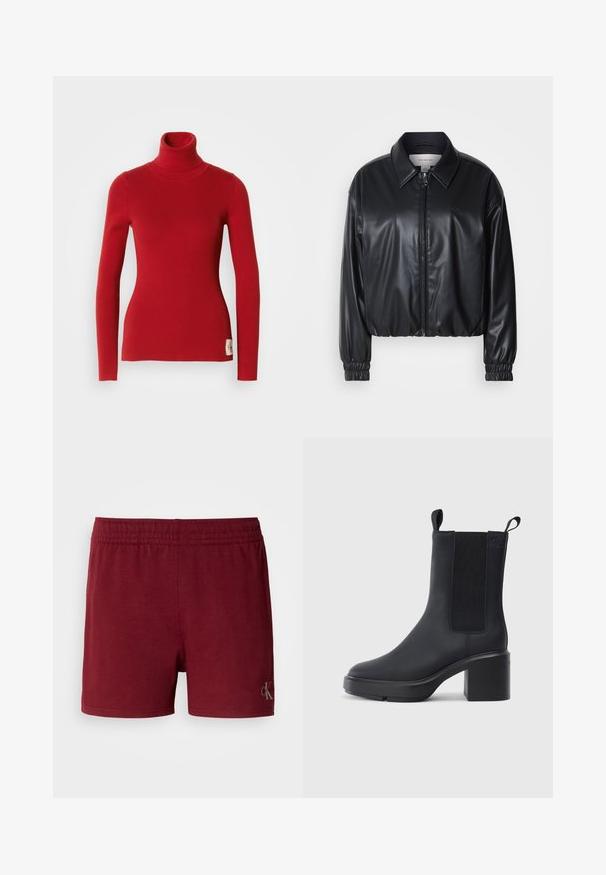 Sort cropped jakke i faux læder med lynlås foran, spidse kraver og elastiske håndled. Minimal brandings på brystet.; Rød ribbet turtleneck sweater med lange ærmer og en tætsiddende silhuet, med et lille logomærke på den nederste side og en glat tekstur.; Burgunderfarvede træningsshorts i en blød bomuldsblanding, med elastisk talje og en lille logoaccent nederst på kanten.; Sorte ankelstøvler i glat gummimateriale, med elastiske sidepaneler, blokhæle og trækskilt øverst for nem påtagning.