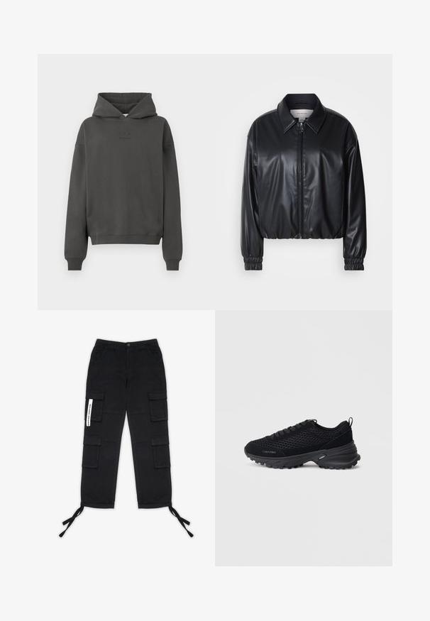 Zwarte cropped jacket van faux leer met een ritssluiting aan de voorkant, puntige kraag en elastische manchetten. Bevat minimale branding op de borst.; Donkergrijze hoodie van zacht materiaal, met een trekkoord in de capuchon, geribde mouwen en een discreet logo op de voorkant gedrukt.; Pegador TANAMI WIDE PANTS - Cargobroek - black; Zwarte sportieve schoenen met een bovenwerk van mesh, suède accenten, vetersluiting en een geprofileerde chunkyzool voor grip. "Calvin Klein" logo zichtbaar.