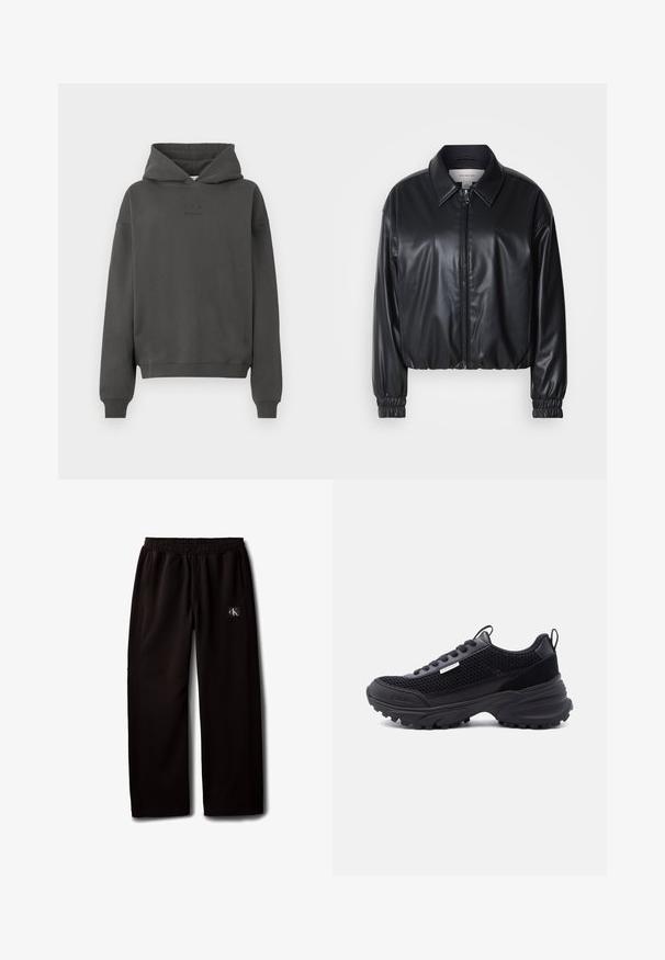Veste noire courte en simili cuir avec fermeture éclair à l'avant, col pointu et poignets élastiques. Présente un marquage minimal sur la poitrine.; Haut à capuche gris foncé en tissu doux, avec un cordon de serrage, des poignets côtelés et un logo discret imprimé sur le devant.; Pantalon noir à jambes larges avec taille élastique et poches latérales, avec un petit patch logo Calvin Klein sur la cuisse droite.; Baskets de sport noires avec tige en mesh, semelle épaisse, lacets et petit logo Calvin Klein sur le côté et la zone des orteils.