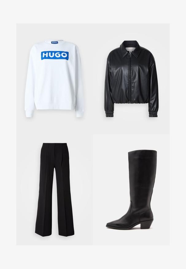 Zwarte cropped jacket van faux leer met een ritssluiting aan de voorkant, puntige kraag en elastische manchetten. Bevat minimale branding op de borst.; Witte sweatshirt van een katoenmix met een blauw "HUGO" logo aan de voorkant, ronde halslijn en ribgebreide manchetten en onderkant.; Zwarte broeken van soepele stof, met een hoge taille, wijde pijpen en twee plooien aan de voorkant voor extra ontwerpelementen.; Zwarte leren laars tot half op de kuit met een puntige neus en een lage schuine hak op een effen lichte achtergrond.