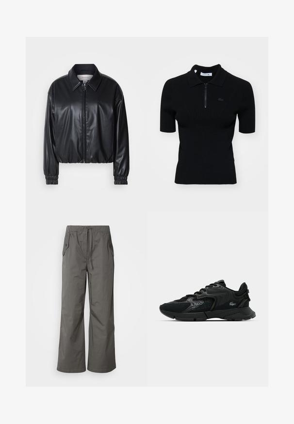 Sort cropped jakke i faux læder med lynlås foran, spidse kraver og elastiske håndled. Minimal brandings på brystet.; Sort ribbet polo shirt med korte ærmer, lynlås krave og en diskret logo detalje. Lavet af tekstureret strikmateriale.; Grå vide benbukser lavet af letvægtsstof, der har elastisk talje, snor og to sidelommer med knap-accenter.; Sort atletisk sneakers med mesh og syntetiske materialer, strukturerede detaljer, snørebånddesign og fremtrædende logo på siden.