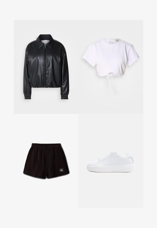 Schwarze, taillierte Jacke aus Kunstleder mit einem Reißverschluss vorn, spitzem Kragen und elastischen Bündchen. Verfügt über eine minimale Markenkennzeichnung auf der Brust.; Weißes, kurzes T-Shirt aus glattem Stoff. Mit rundem Ausschnitt, kurzen Ärmeln und einem Kordelzug am Saum zur Anpassung.; Schwarze elastische Shorts mit Seitentaschen und einem kleinen Calvin Klein Logo-Patch vorne unten links.; Weißer Sneaker mit niedrigem Schaft, Schnürverschluss, dicker Sohle und glattem Obermaterial, von der Außenseite vor einem einfarbigen hellen Hintergrund gezeigt.
