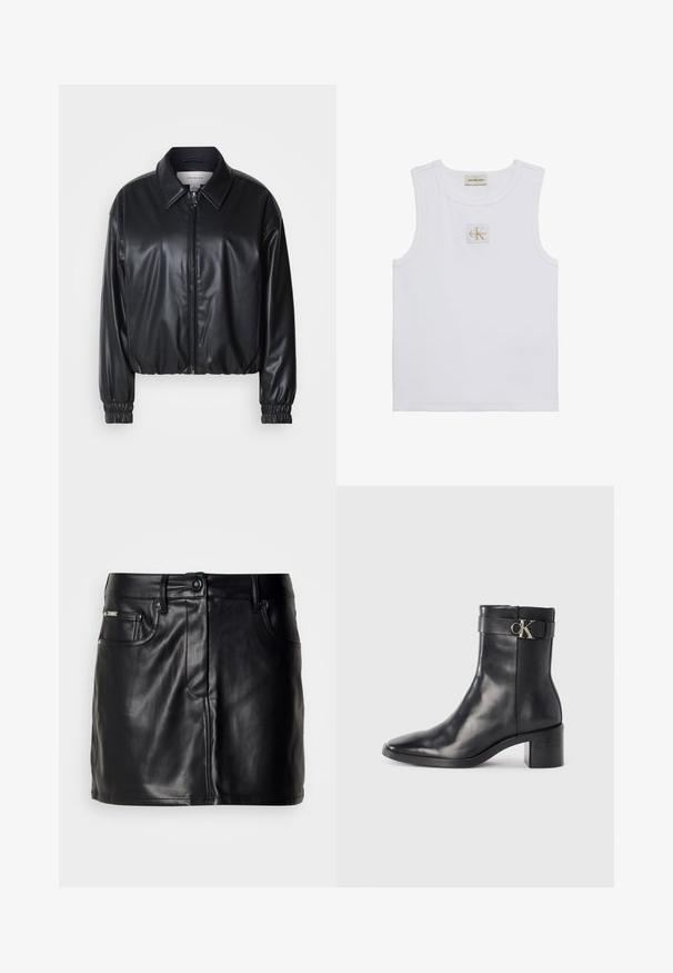 Schwarze, taillierte Jacke aus Kunstleder mit einem Reißverschluss vorn, spitzem Kragen und elastischen Bündchen. Verfügt über eine minimale Markenkennzeichnung auf der Brust.; Weißes ärmelloses Tanktop mit Calvin Klein Jeans-Label auf der Brust und einem Etikett nahe dem Halsausschnitt vor weißem Hintergrund.; Schwarzer Leder-Minirock mit tailliertem Design, ausgestattet mit frontalen Taschen, einem Knopfverschluss und glatter Textur.; Schwarze Leder-Ankle Boots mit spitzem Zehenbereich, Blockabsatz und einem Riemen mit einem metallischen Logodetail. Glatte Textur und minimales Design.