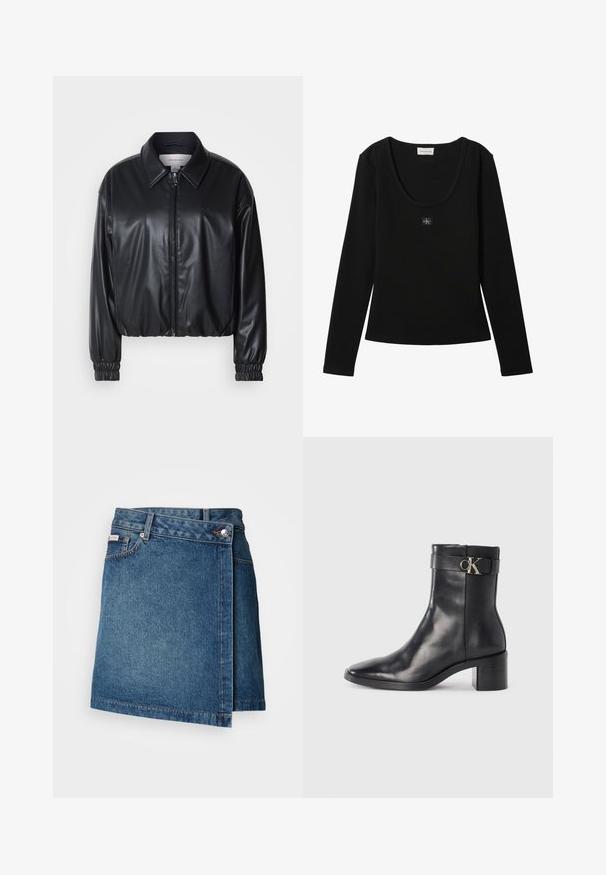 Sort cropped jakke i faux læder med lynlås foran, spidse kraver og elastiske håndled. Minimal brandings på brystet.; Sort langærmet ribbet top med rund halsudskæring og lille Calvin Klein logo patch centreret på brystet.; Denim nederdel i mellemblå med wrap-design, der har en knap- og lynlåslukning, samt synlig stikning langs kanten.; Sort læder ankelstøvle med spids tå, blokhæl og en rem med en metallisk logo detalje. Glat tekstur og minimalistisk design.