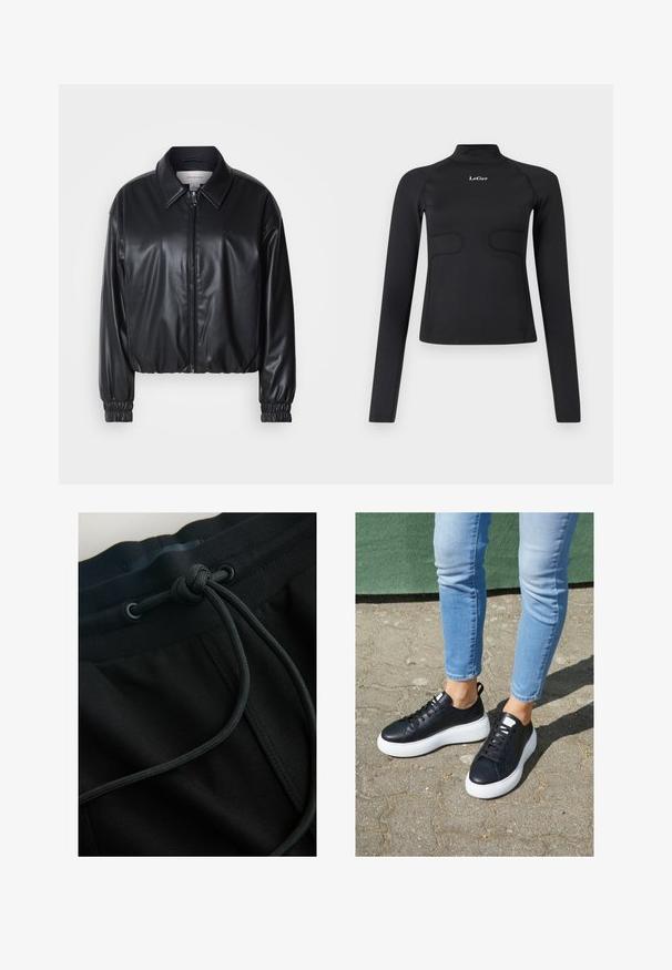 Sort cropped jakke i faux læder med lynlås foran, spidse kraver og elastiske håndled. Minimal brandings på brystet.; Sort langærmet tætsiddende top med høj hals og hvid "LeGer" logo centreret på brystet mod hvid baggrund.; Sorte joggerbukser med snøre i taljen og tekstureret stof, med fokus på glatte linjer og et minimalistisk design.; Sorte lædersneakers med hvide gummisåler, der har en glat overflade, rund tå og flade snørebånd. Båret med lyseblå jeans.