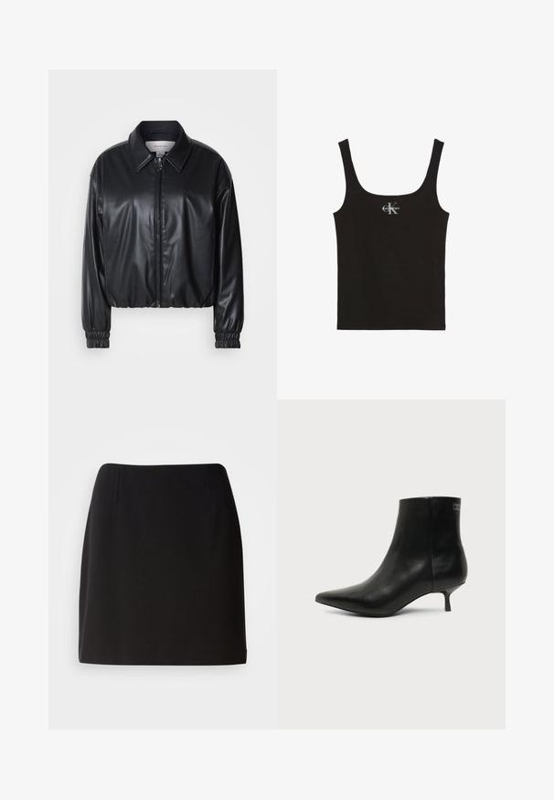 Chaqueta negra corta de piel sintética con cremallera frontal, cuello puntiagudo y puños elásticos. Presenta un branding mínimo en el pecho.; Camiseta de tirantes negra con textura acanalada, tirantes anchos y logo de Calvin Klein en blanco en el centro del pecho, sobre fondo blanco.; Falda negra con una silueta ajustada, hecha de una tela suave. Presenta sutiles pliegues frontales y un diseño de longitud a mitad del muslo.; Botín de piel negra con puntera puntiaguda y tacón bajo estilo kitten sobre fondo claro, mostrando vista lateral exterior.
