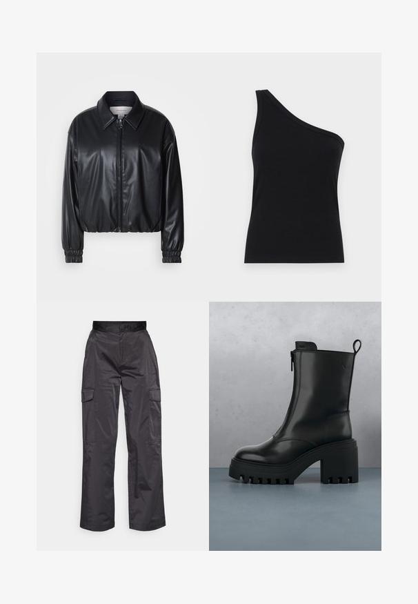 Sort cropped jakke i faux læder med lynlås foran, spidse kraver og elastiske håndled. Minimal brandings på brystet.; Løsningstanktop med en skulder i sort ribbet stof, der har et tætsiddende design og blød tekstur. Har en ren, minimalistisk skæring og en glat halsudskæring.; Sorte cargo-bukser lavet af glat, letvægtigt stof. Har to sidelommer, en lige ben-udskæring og en bred talje.; Sorte læder ankelstøvler med kraftig sål, blokhæl, lynlås i siden og trækflap bagpå på en ensfarvet hvid baggrund.