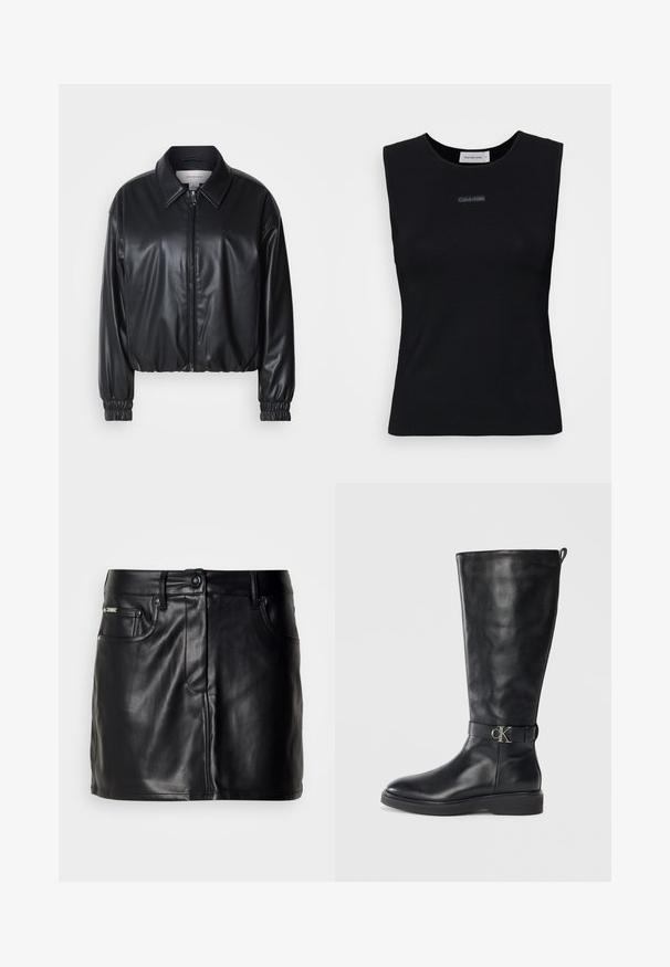 Schwarze, taillierte Jacke aus Kunstleder mit einem Reißverschluss vorn, spitzem Kragen und elastischen Bündchen. Verfügt über eine minimale Markenkennzeichnung auf der Brust.; Schwarzes ärmelloses Top aus glattem Stoff. Merkmale einen runden Ausschnitt und ein kleines Calvin Klein Logo in der Mitte. Einfaches und figurnahes Design.; Schwarzer Leder-Minirock mit tailliertem Design, ausgestattet mit frontalen Taschen, einem Knopfverschluss und glatter Textur.; Schwarze Lederkniehohe Stiefel mit niedrigem Absatz, runder Spitze und metallischem "CK"-Logo-Riemen um den Knöchel.