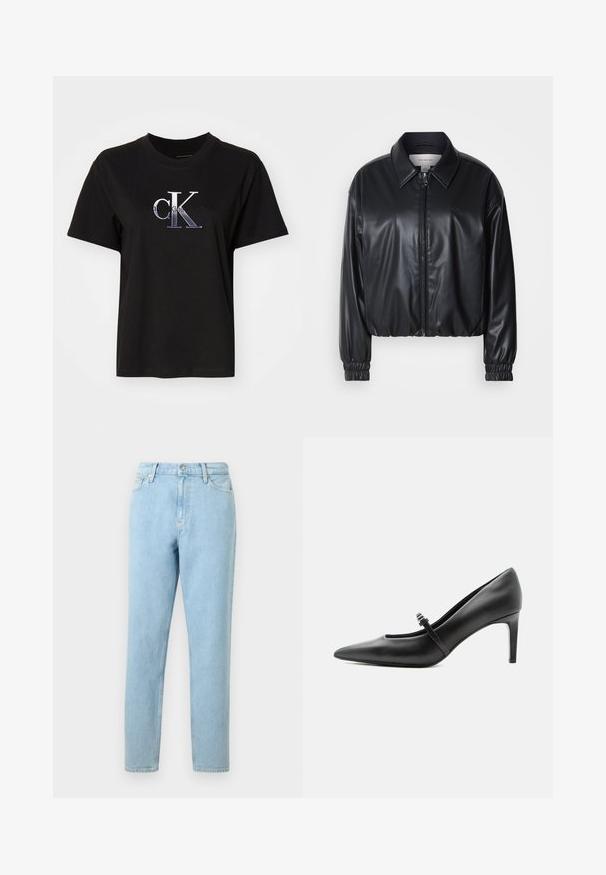 Sort cropped jakke i faux læder med lynlås foran, spidse kraver og elastiske håndled. Minimal brandings på brystet.; Sort bomulds T-shirt med rund hals. Har et sølv broderet "cK" logo og teksten "Calvin Klein Jeans" under logoet. Korte ærmer.; Lyseblå denimjeans med lige ben, femlommers design og knaplukning. Har subtilt slid og en glat tekstur.; Sort læderspids højhælede sko med tynd rem og spænde over vristen, stående på en neutral lys baggrund.