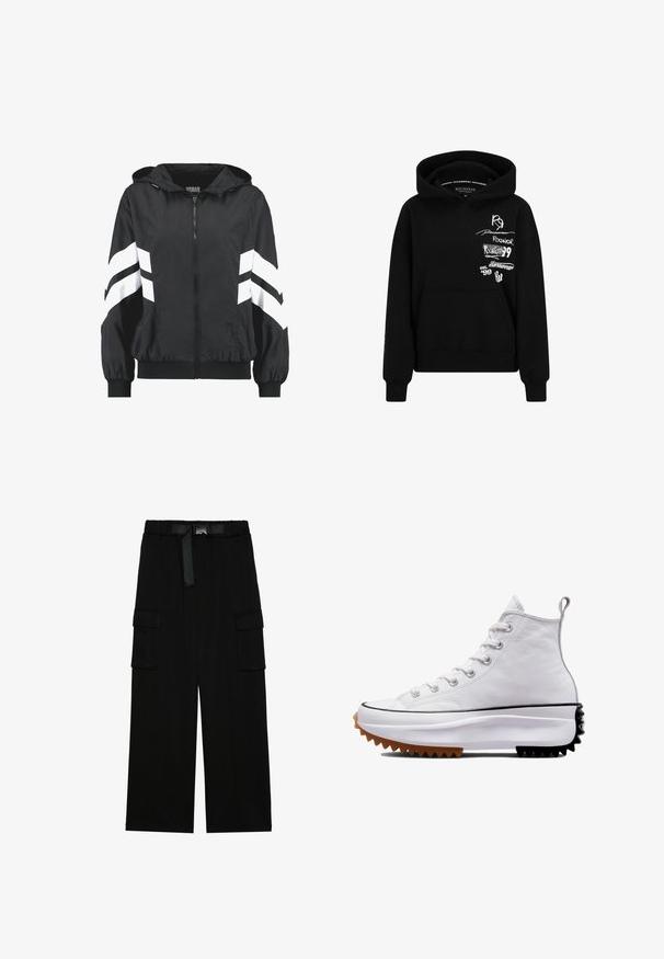 Chaqueta negra con capucha y cremallera, con rayas blancas en forma de cheurón en las mangas y puños y bajo elásticos.; Sudadera negra con bolsillo frontal, capucha con cordón y múltiples impresiones de logotipos blancos en el pecho y la manga. Material de algodón suave.; Pantalones cargo negros con un diseño de pierna ancha, cinturilla elástica con un cinturón y dos grandes bolsillos laterales para almacenamiento.; Zapatilla alta de cuero blanco con una suela gruesa texturizada; acentos en negro y goma marrón; cuenta con seis ojales y una pestaña en el talón.