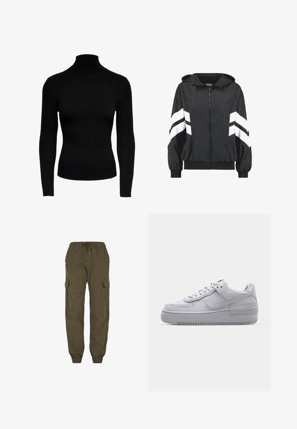 Veste noire à capuche zippée avec des bandes blanches en chevrons sur les manches, et des poignets et un ourlet élastiques.; Pull noir en maille côtelée à col roulé, avec des manches longues, au design ajusté et à la texture lisse. Doté d'un col haut et de manches resserrées.; Pantalon cargo vert olive avec taille et poignets élastiques, doté de poches latérales à rabat et d'une coupe décontractée.; Basket en cuir lisse gris Nike Air Force 1 avec un bout perforé, une semelle épaisse et un détail 'AIR' en relief sur le talon.